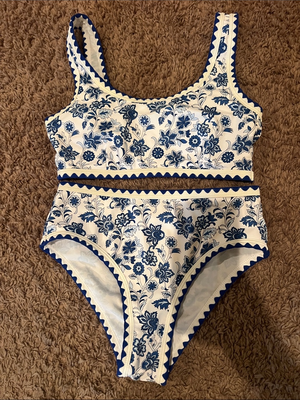 SHEIN White Two-Piece Swimsuit with Blue Floral Print